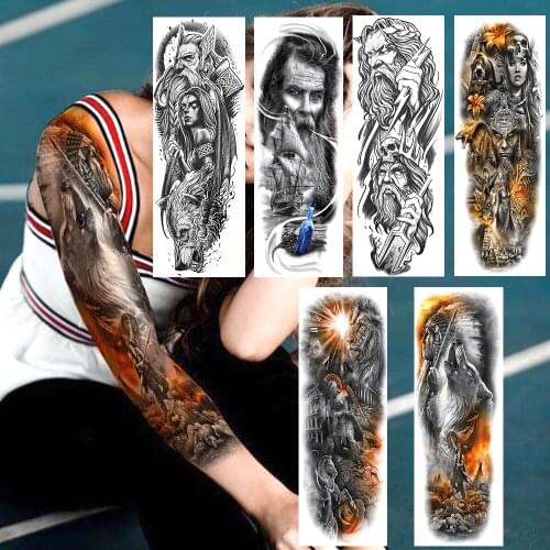 Golden Tribal Indian Wolf Warrior Temporary Tattoos Realistic Fake Maori Pirate Full Arm Sleeve Tatoo Sticker For Men Boys Party