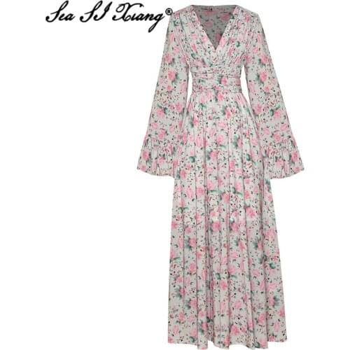 Seasixiang Fashion Designer Autumn Maxi Dress Women V-Neck Flare Sleeve Folds Rose Floral Print Vacation Dresses