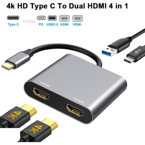 Type C To Daul HDMI-compatible 4K VGA USB C 3.0 87W PD Hub Adapter for MacBook Nintendo Samsung S9 Dex Huawei P20 Xioami 10 TV