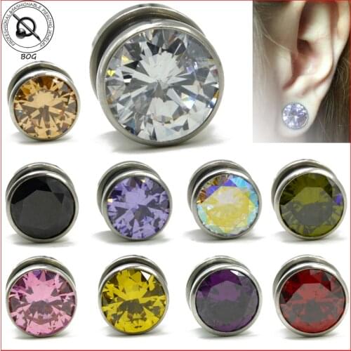 BOG- Pair Top Quality Crystal Zircon Ear Tunnels Plug Stainless Steel Screw Fix Flesh Tunnels Zircon Gem Ear Expanders