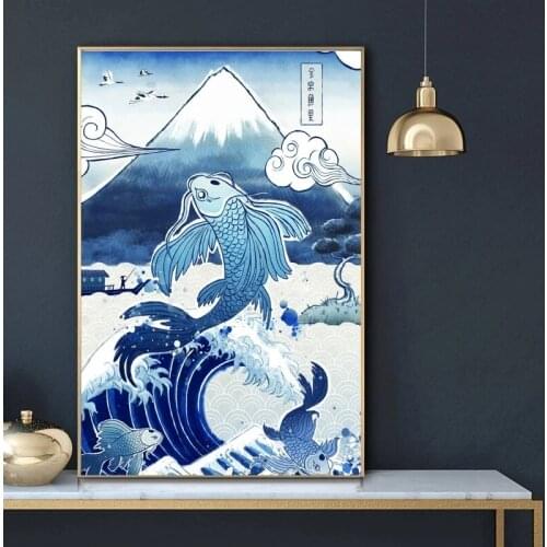 Home Decorative Canvas Japan Vintage Art Koi Fuji Torii Prints Paintings Blue Modular Pictures Wall Art Poster Artwork No Framed
