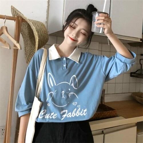 Womens T-shirts Tops Japanese Kawaii Ladies Ulzzang Cute Rabbit Print Loose T-shirt Female Korean Harajuku Clothes For Women