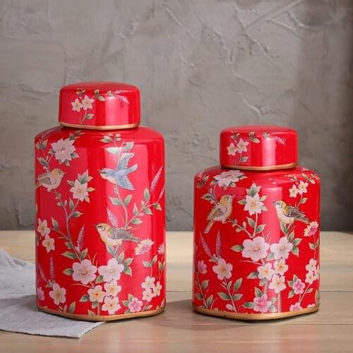 American Country Flower and Bird Decoration Ceramic Pot Ornaments Creative Candy Coffee Storage Jar with Lid Living Room Crafts