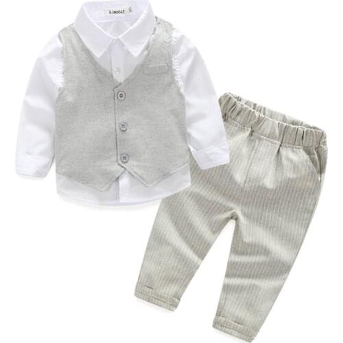 Autumn Spring Full Sleeve Gentleman Clothes Boys Wedding Suit White Shirt + Vest + Striped Pants 3 Pieces Kids Kits Autumn