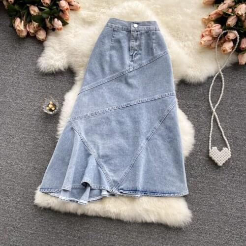 New Fashion Womens All-match Slim Denim Skirt Elegant Irregular Ruffles A-Line Midi Skirts Female Clothing