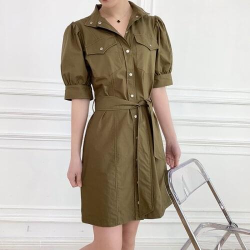 2021 Spring and Summer New Fashion Retro Lantern Short-sleeved Stand-up Collar Single-breasted Belted Wild Dress