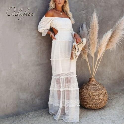 Ordifree 2021 Summer Women Off Shoulder Maxi Dress Sexy Backless White Lace Long Tunic Beach Dress Vocation