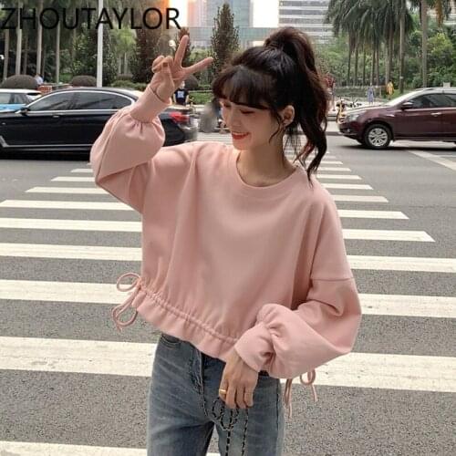ZHOUTAYLOR Sweatshirt Women Short Office Lady Draw String Pullovers Full Sleeeve O-Neck Loose Autumn New Tops Female S0718