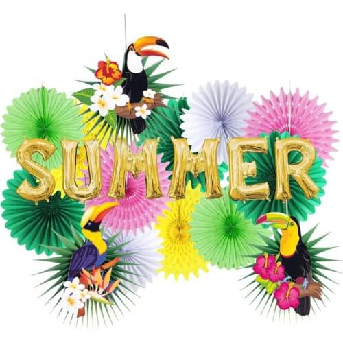 Summer Party Decoration Hanging Toucan Paper Fans Enjoy Summer Banner Paper Fans Latex Balloon Hawaiian Party Decorations