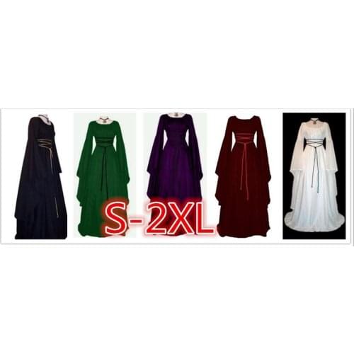 Round neck long chiffon sleeve Vintage Women Waist Medieval Slim Waist Lace Bandage Maxi Dress Costume Halloween dress