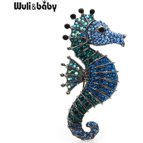 Wuli&baby Sparkling Rhinestone Seahorse Brooches 3-color Sea Animal Office Casual Brooch Pins Gifts