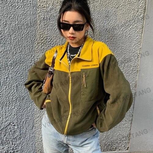 B-TOTO American Retro Olive Green Color Matching Lamb Wool Jacket Female Tide Ins Stand Collar Jacket 2021