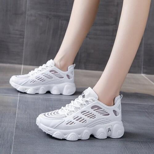 Ladies Platform Sneakers Leather Mesh Casual Ladies Chunky Shoes White Women Fashion Platform Wedge Sneakers Womens Shoes