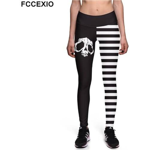 FCCEXIO The Skeleton Stripe Print Women Sexy High Waist Elasticity Leggings Push Up Strength Pants Summer Fitness Run Trousers