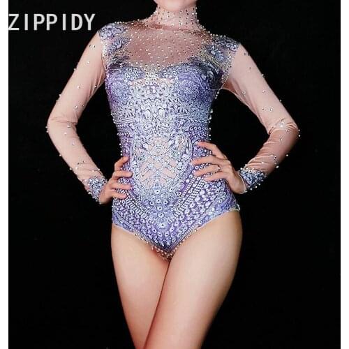 Fashion sexy Glisten Rhinestones Stretch Printed Bodysuit Womens Evening Celebrate Outfit Women Singer Dance Stage Show Wear