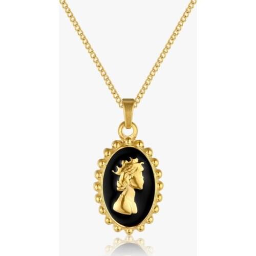 Necklace for Women Elizabeth Ⅱ Queen Portrait Baroque Pendant Gold Color Titanium Steel Black Enamel Vintage Jewelry Gift(GN401)