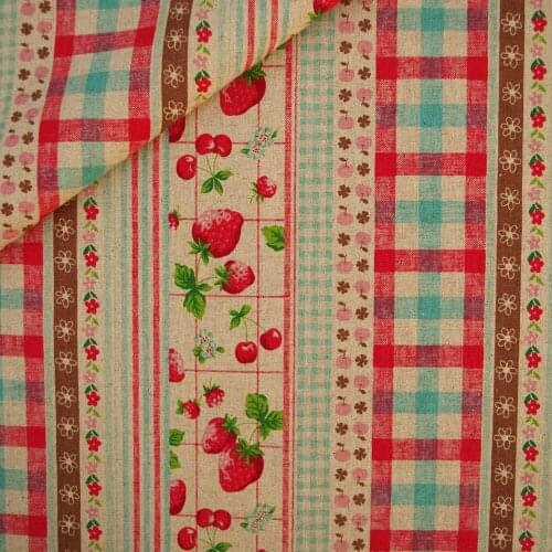 110cmx50cm Cotton Linen Fabric for handmad, bed, bag, - Stripe - Strawberry, Cherry, Apple and Lattice - green (LF334)