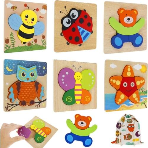 3D Wooden Puzzles Cartoon Animals Kids Cognitive Jigsaw Puzzle Toys for Children Baby Early Educational Puzzle Toy Games