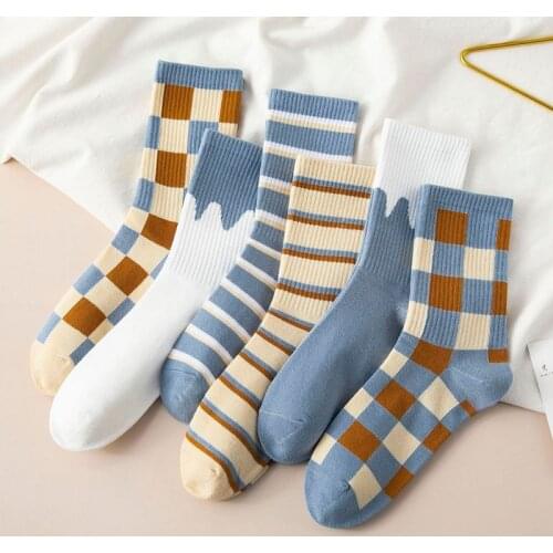 5 Pairs/Pack Kawaii Women Socks Harajuku Trend Women Checkered Stripe Bule Socks Girl Cotton Socks