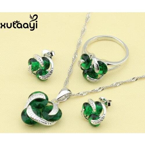 Glittering Silver Women Fashion Health Jewelry Sets ,Flower Green Imitated Emerald Stud Earrings Rings Necklace Pendant