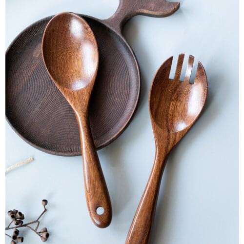 2Pcs Wooden Salad Spoon Fork Large Serving Spoon Set Salad Server Wood Kitchen Utensils Long Handle Soup Spoon Ladle Tableware