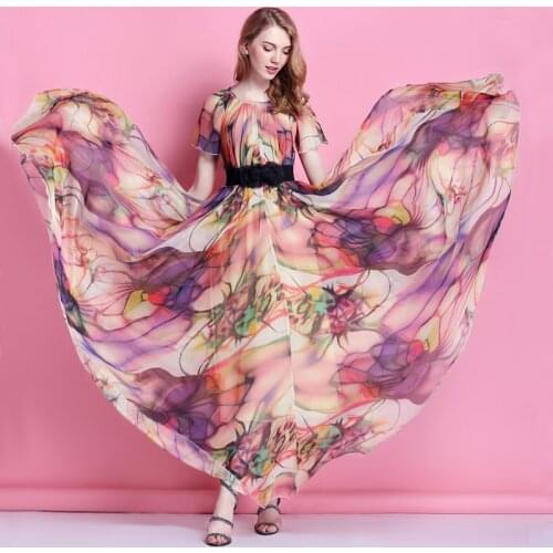 Colorful Floral Printed Chiffon Maxi Dress Free and Loose Beach Wedding Long Flowy Dress with Sleeves