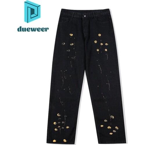 DUEWEER Mens Jeans Spring Autumn Hip Hop Straight Baggy Large Size Oversized Trousers Ink Black Print Casual Jeans Denim Pants