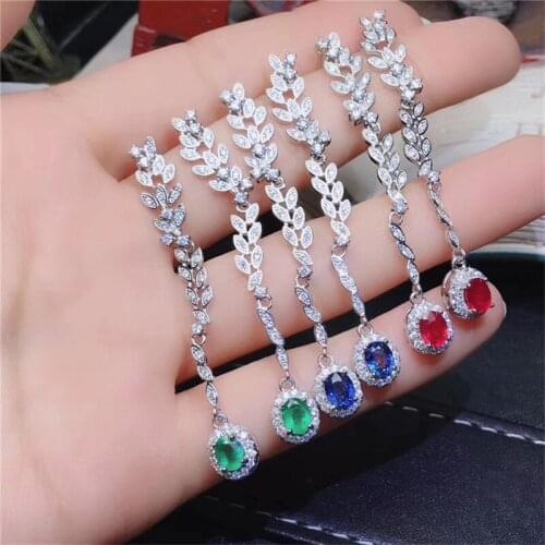 Boutique jewelry 925 sterling silver inlaid Natural Emerald Ruby Sapphire Womens earrings support detection