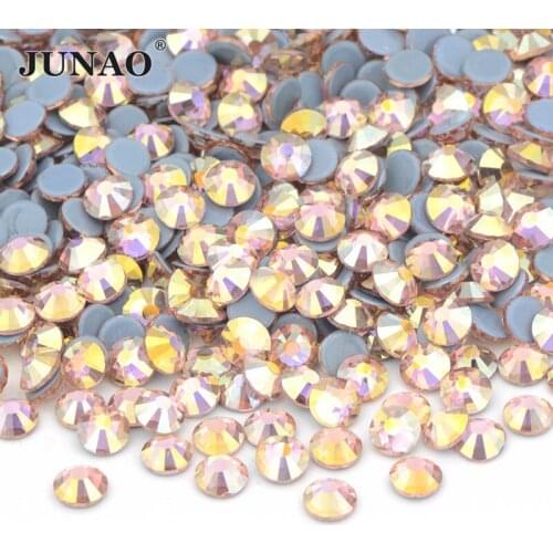 JUNAO SS 6 8 10 16 20 30 Peach AB Glass Hotfix Rhinestone Flatback Hot Fix Crystal Stones Iron On Strass Diamond For Party Dress