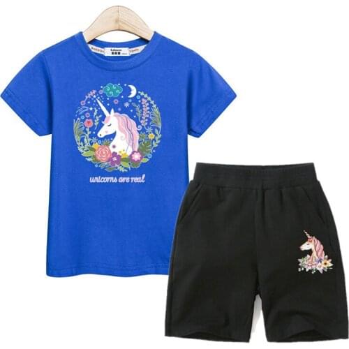 Summer girl outfits moon unicorn design baby girls costumes tees +shorts 2pc sets cotton casual kids clothing children suit