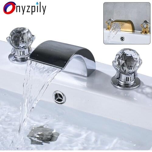 Onyzpily Chrome Golden Brass Waterfall Bathroom Basin Sinal Faucet Dual Crystal Handle Mixer Tap Widespread Glass Handles Faucet
