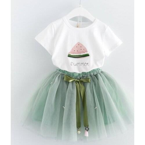 Summer Girls Skirt Set Cartoon Watermelon Short-sleeved T-shirt Skirt 2 Piece Set Princess Poncho Dress