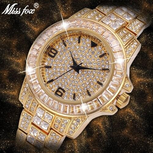 Missfox Arabic Numerals Mens Watch Top Brand Luxury 18k Gold Watch Men Big Diamond Classic Male Iced Out Watch Hot Dropshipping