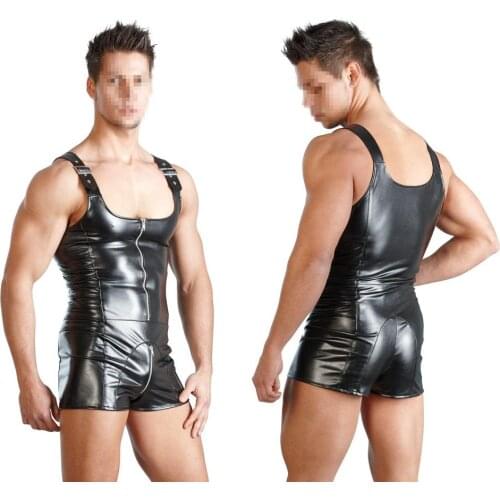 Faux leather mens camisole one-piece nightclub performance clothing