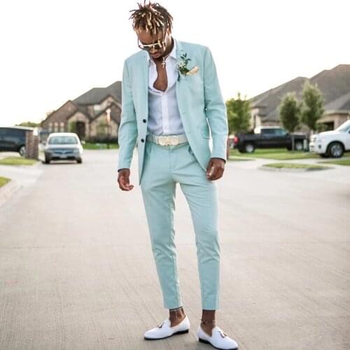 Costume Homme Mint Green Mens Suits 2 Piece Beach Groomsmen Wedding Tuxedos For Men Notch Lapel Formal Prom Suit (Jacket+Pants)