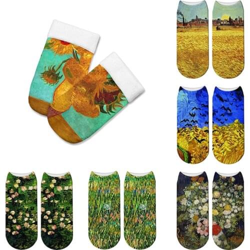 Van Gogh Oil Painting Socks Womens Funny Art Retro Sunflower Garden Mona Ankle Socks Novelty Casual Summer Short Low Cut Sox