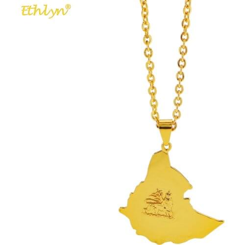 Ethlyn Gold Color Africa Ethiopia Lion Necklace Maps Jewelry Fashion Ethiopian Map Pendant Necklaces for Women Men Gift MY156