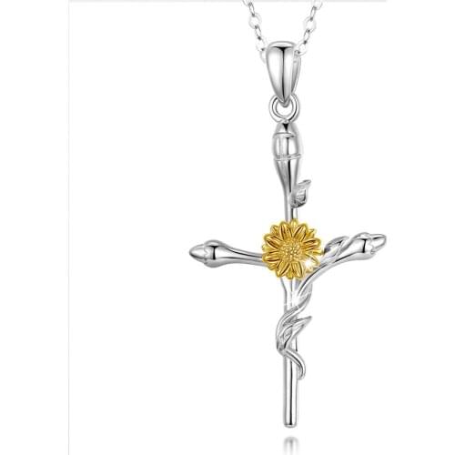 Eudora 925 Sterling Silver golden sun flower Necklace Cross style Pendant with golden chain Statement Necklace for Women CYD556