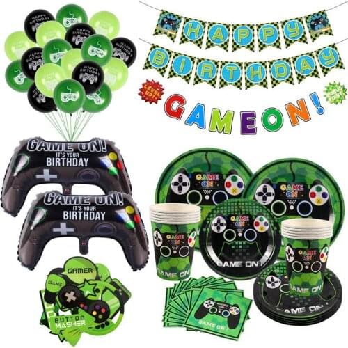 Video Game Happy Birthday Tableware Banner Gamepad Boy Inflate Party Supplies Toy GAME ON Foil Balloon Kids Happy Birthday Decor
