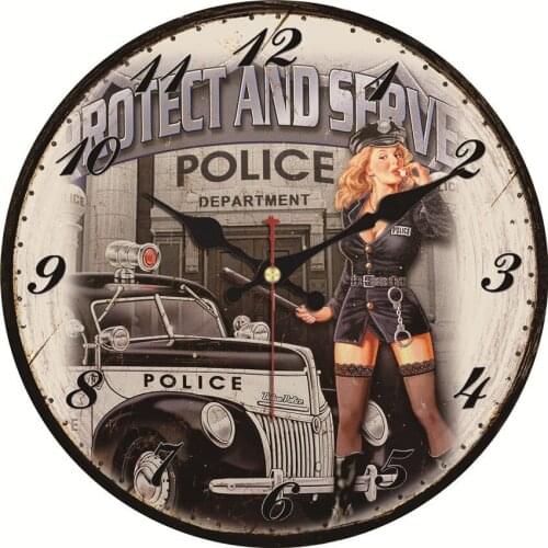 Vintage Wall Clock Police Car Service Man Garage Decorative Wall Clock Watches Arab Numerals Silent Decoration Salon Saat
