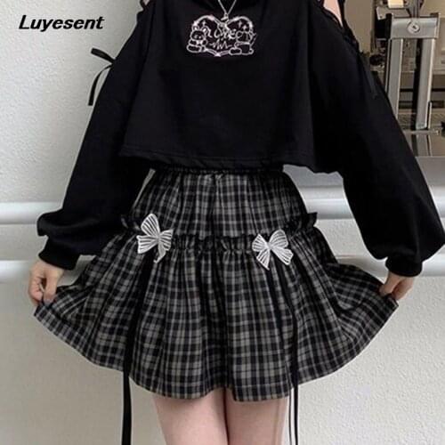 Y2k Lolita Plaid Girl Mini Skirt Lady Kawaii Harajuku Pleated Bow Skirts Ruffles Black White Gothic Midi Korean Fashion Colth