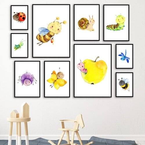 Funny Insects Nursery Wall Art Print Canvas Painting Bee Butterfly Spider Snail Ant Poster Wall Pictures Baby Kids Room Decor