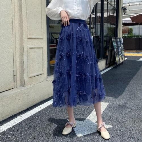 Spring High Waist Heavy Industry Embroidery Flower Tulle Skirt Women Autumn Winter Elegant Big Swing Fairy Black Skirt Women