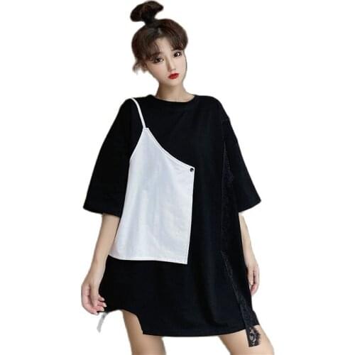 Harajuku Plus Size Women T-shirt 2021 New Summer Korean Version Loose Contrast Color Fake Two-piece Short-sleeved T-shirt Female