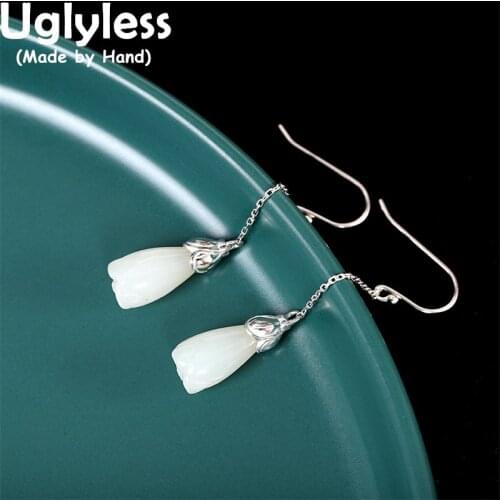 Uglyless Magnolia Flower Elegant Dress Earrings for Women Natural Jade Floral Jewelry Long Chains Brincos 925 Sterling Silver