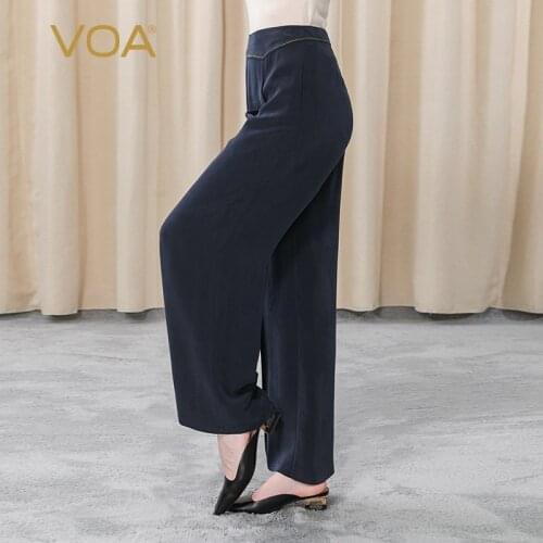 VOA Heavyweight Silk 30m/m Navy Natural Waist Asymmetric Three-Dimensional Fold Bright Decoration Retro Womens Pants KE192