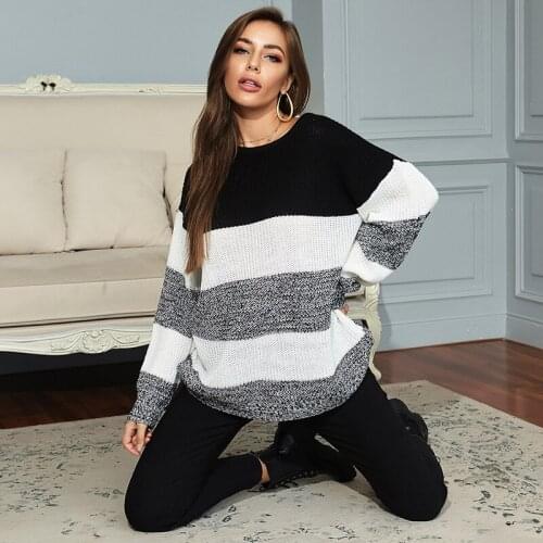 Ladies Knitted Sweater Black and White Striped Stitching Loose Casual Style Sweater