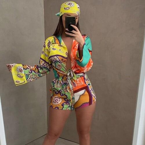Printed 2 Piece Set Women Matching Sets Long Sleeve Blouse Shirts Top + Shorts Sets Streetwear Party Club Outfits Ensemble Femme