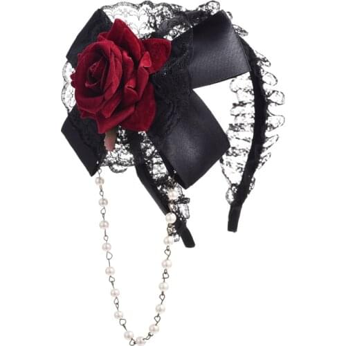 Lolita Rose Hairbands Floral Women Lace Beaded Chain Hair Accessories Vintage Headband Goth