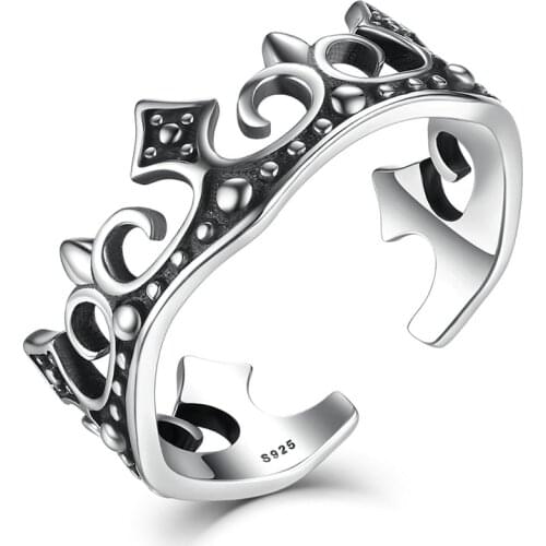 2019 Retro Sterling Silver 925 Crown Ring Princess Elegant Hot Sale Band Open Cuff Adjustable Ring Women Fine Jewelry VSR027